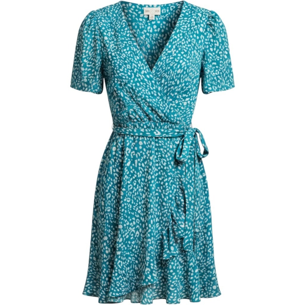 New Jun & Ivy Teal White Abstract Animal Wrap Mini Dress Small Belted Sundress